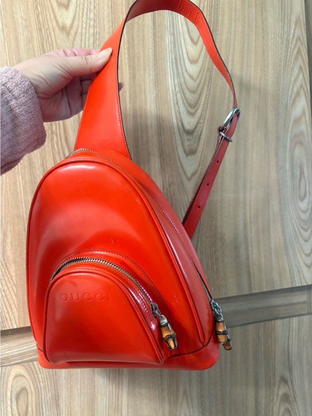 Auth Gucci Bamboo zipper leather mini Sling bag